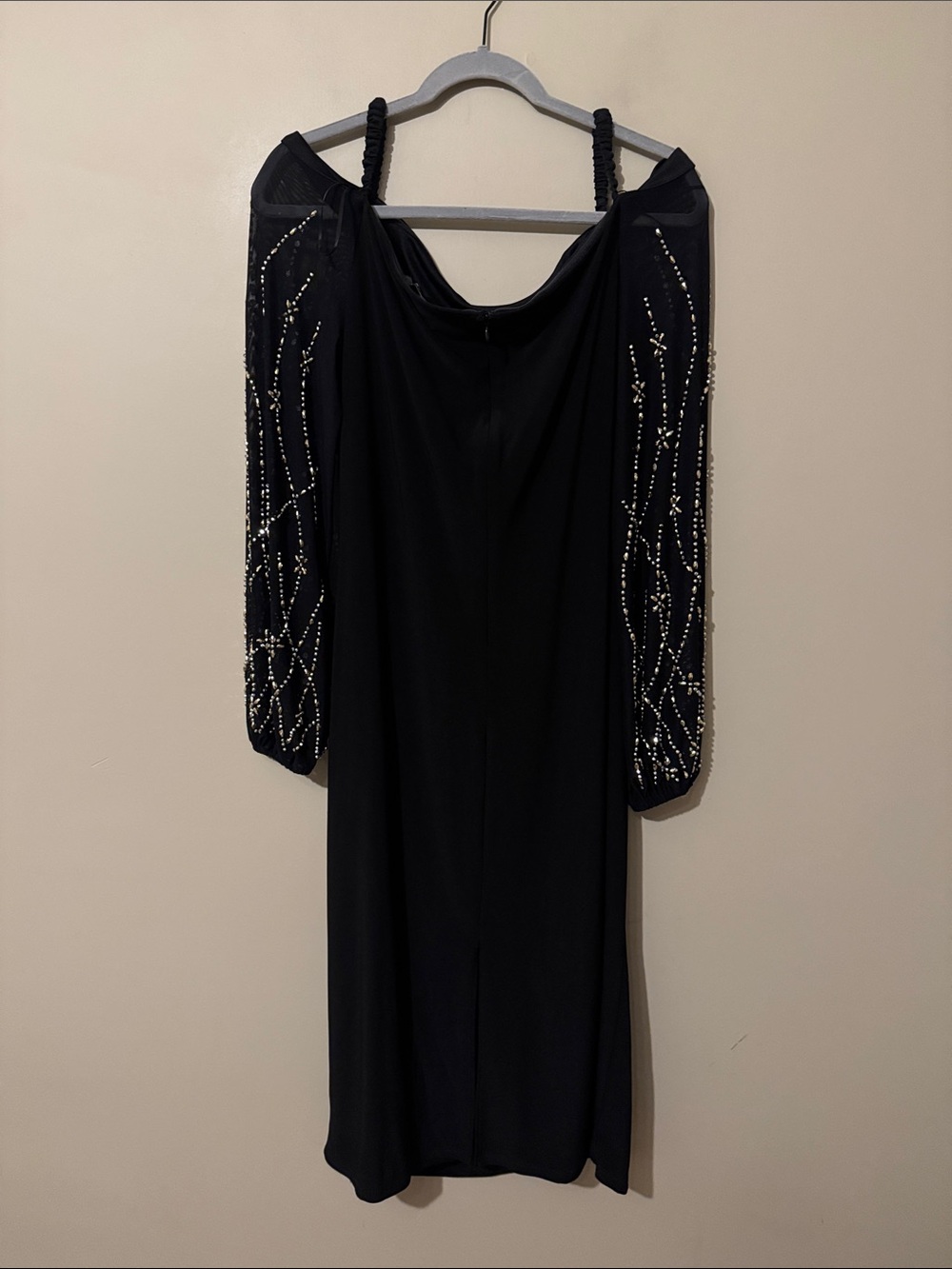 NWOT Marina Off the Shoulder Long Sleeve Beaded Midi Dress, Black, size Large - Picture 8 of 10